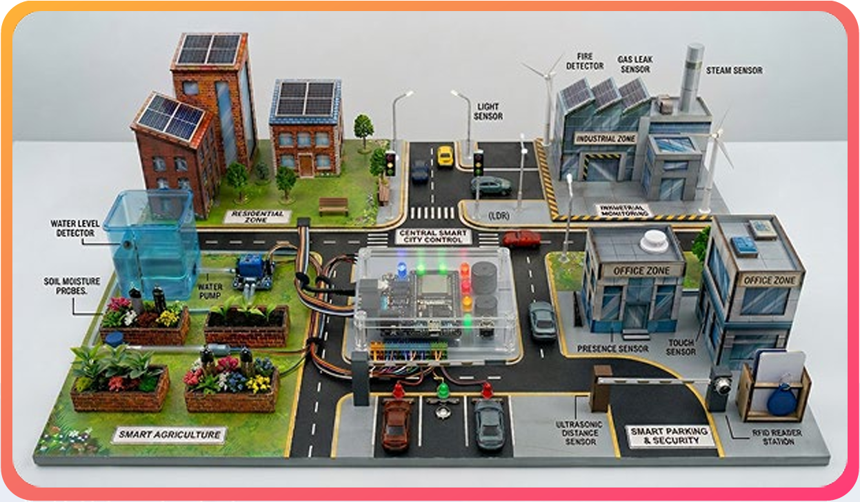 A student-built smart city model with four zones (agriculture, parking, safety, and climate), each wired to the ESP32 Plus and the Brilliant Smart City Kit